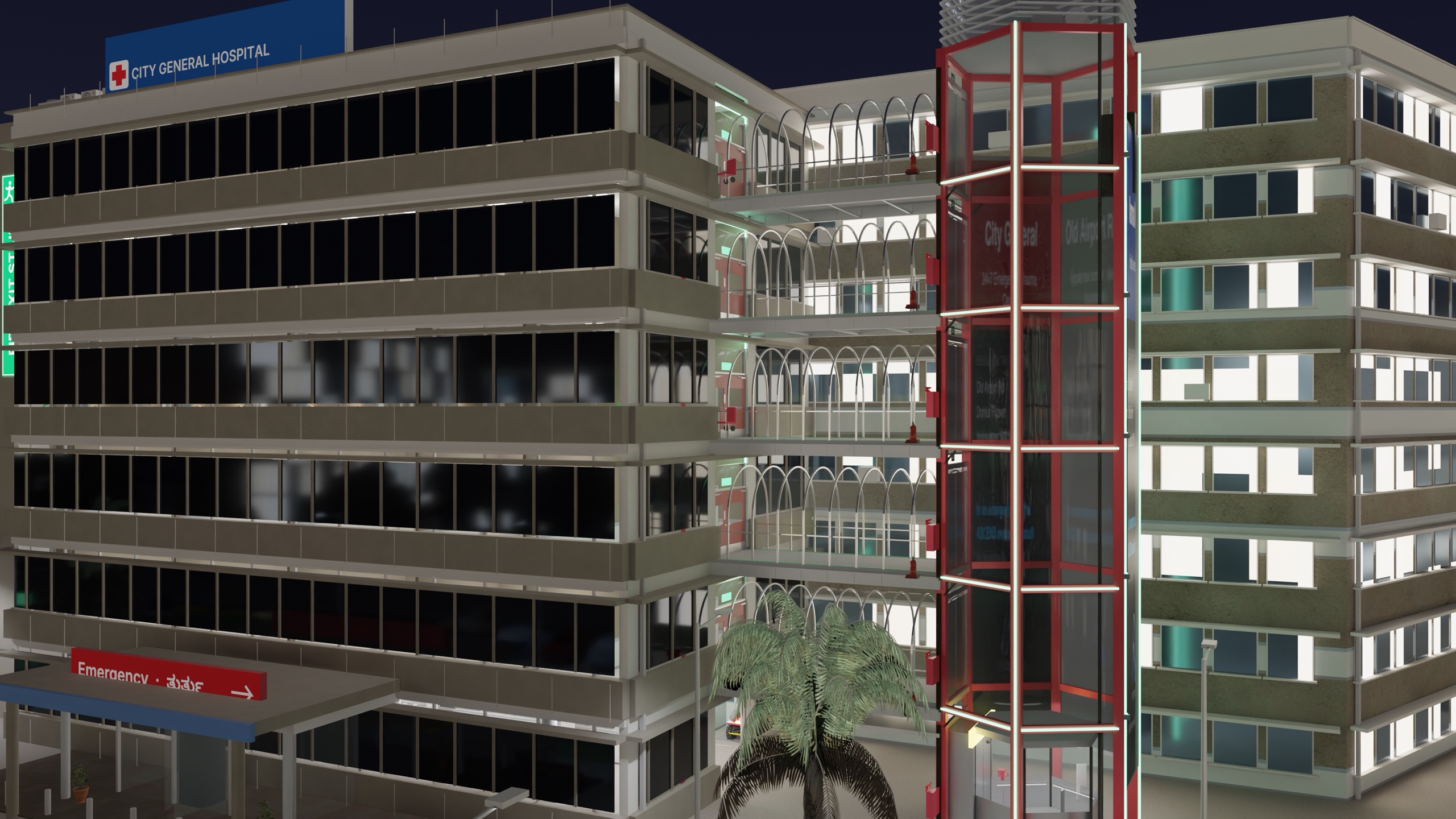 ASCEND evacuation lift tower beside a hospital at night