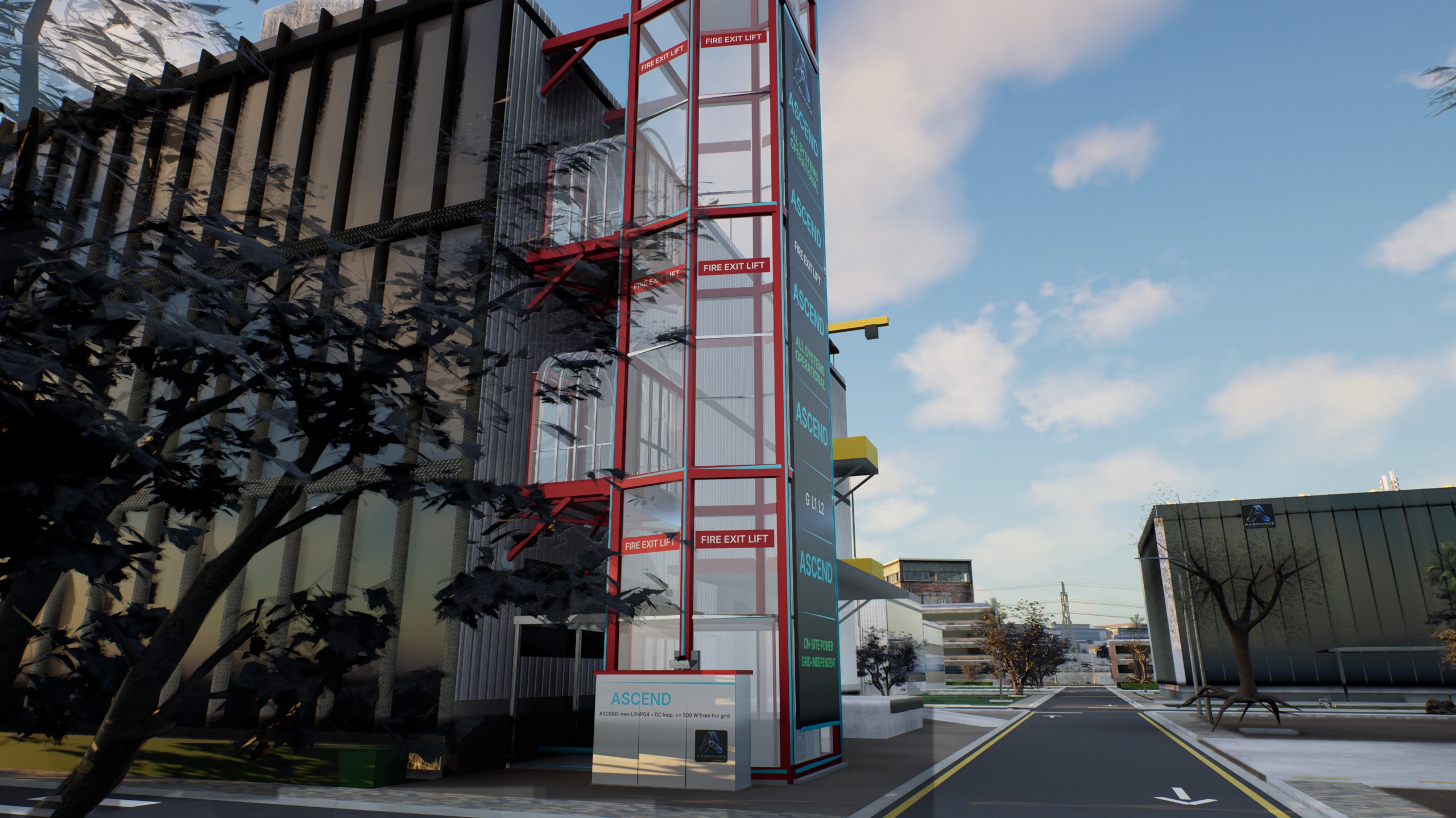 ASCEND lift tower on the side of a data centre