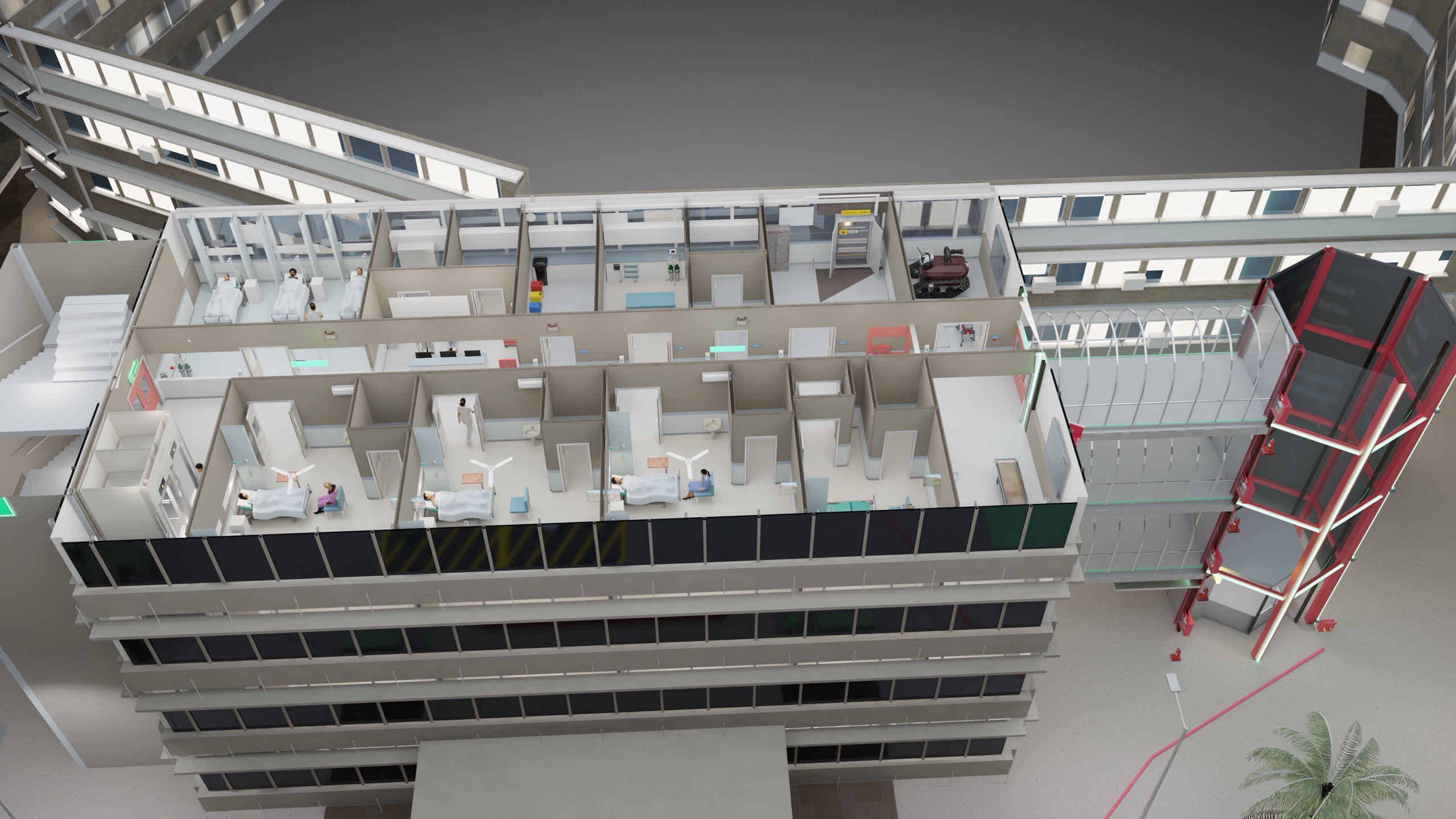 Cutaway digital twin of a hospital floor
