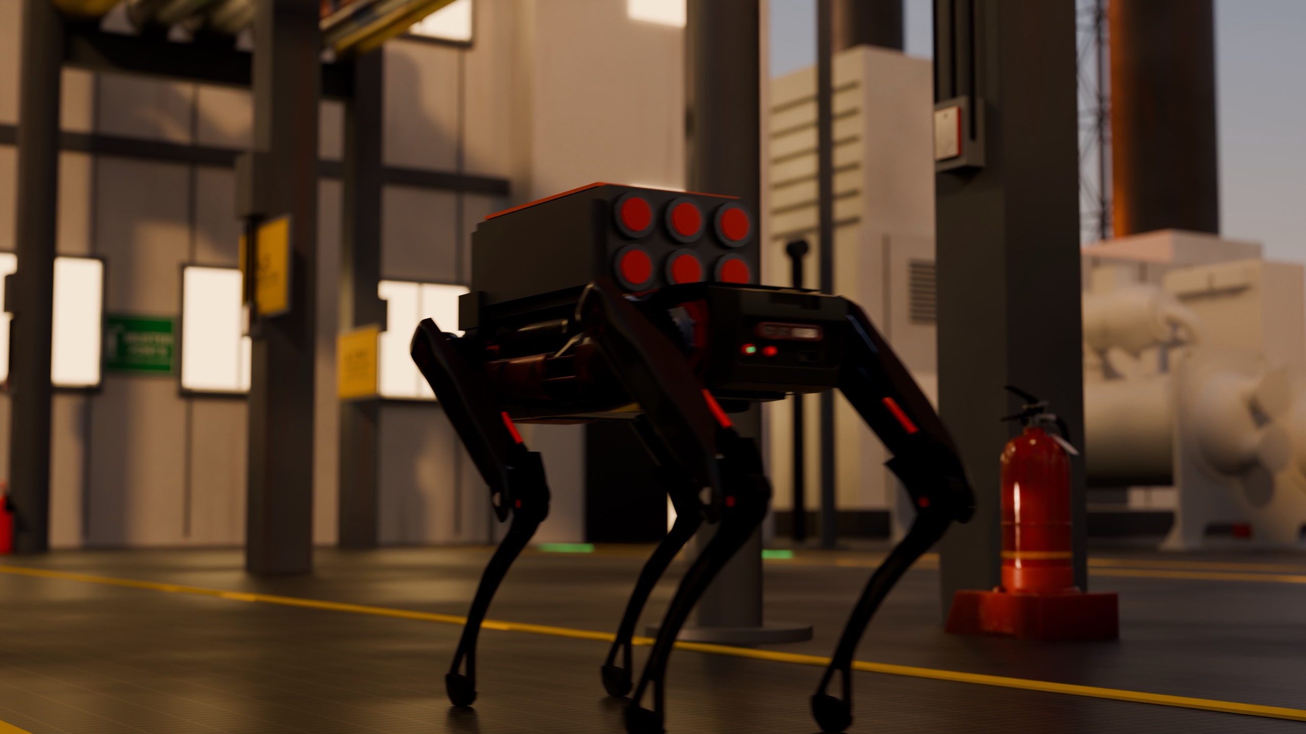 K9 patrol robot on a platform deck at dusk